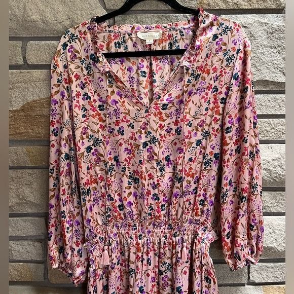 Love stitch Pink Floral Smocked Waist Tiered Ruffle Dress with Tassel Tie Medium - Picture 5 of 12